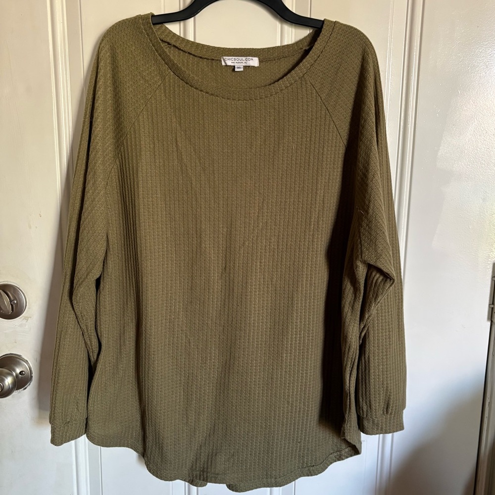 Chic Soul Curved Hem Slouchy Waffle Knit Tunic - Olive Green -1X